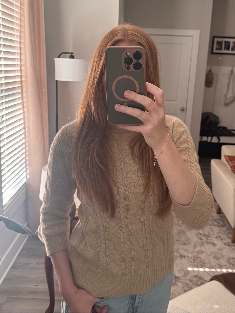 J.Crew 100% Italian Cashmere 3/4 Sleeve Cable Knit Crewneck Sweater - Small